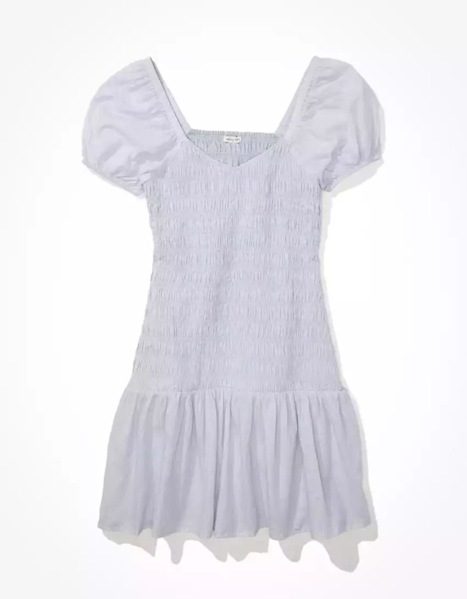 Mini Robe American Eagle AE Smocked Skirty Corta-Sleeve Bleu Femme | ARC-18182657